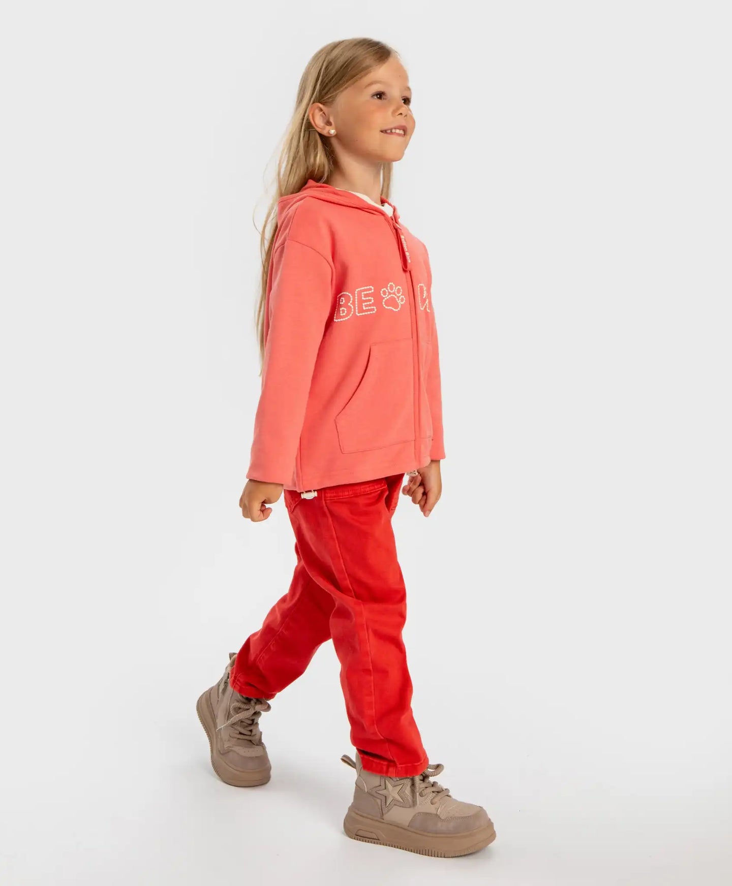 Дънки Mom fit с ластичен колан и джобове коралови за момиче Button Blue