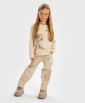 Дънки Mom fit с леопардов принт бежови за момиче Button Blue