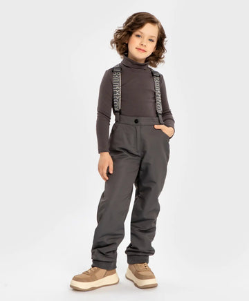 Панталони подплатени междинен сезон със свалящи се тиранти водоустойчиви сиви детски Button Blue