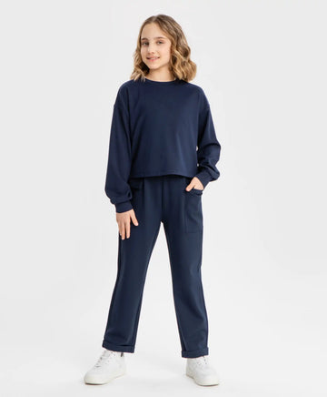 Панталони с широки крачоли и джобове сини Button Blue