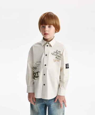 Риза с дълъг ръкав за момче прав силует, сива с принт Gulliver