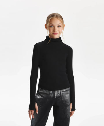 Плетена водолазка с качулка за момиче полуприлепнал силует, черна Gulliver