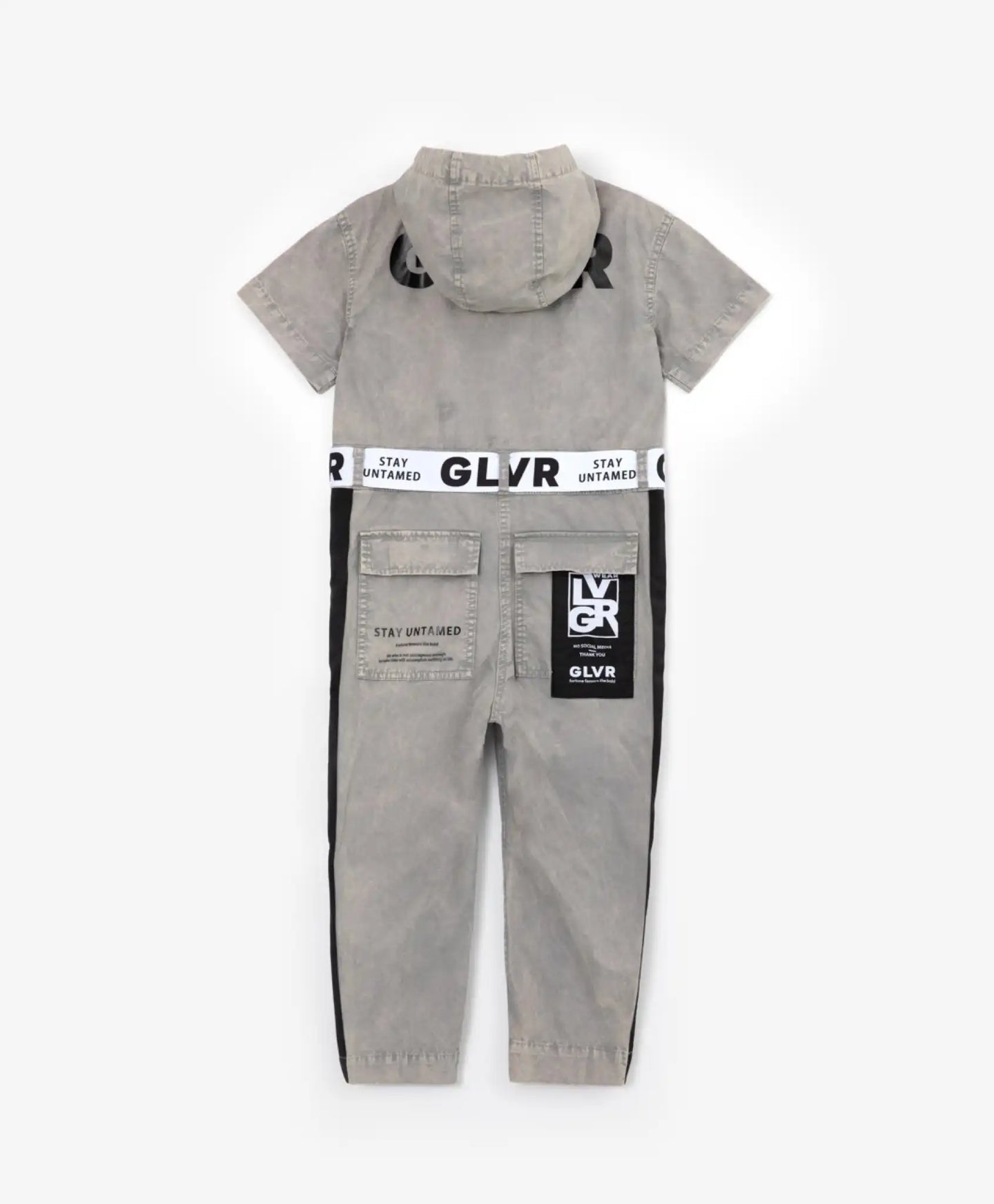 Дънков гащеризон с качулка, райе и принт сив Gulliver