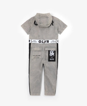 Дънков гащеризон с качулка, райе и принт сив Gulliver