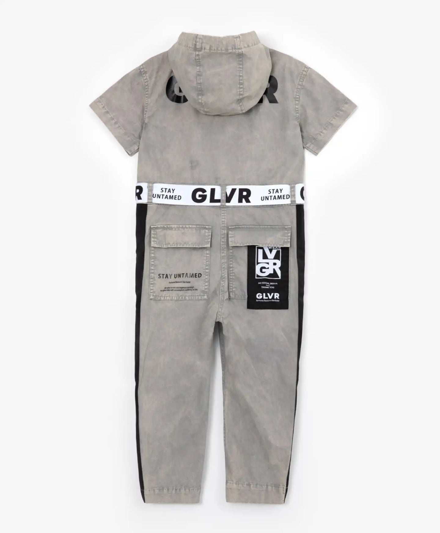 Дънков гащеризон с качулка, райе и принт сив Gulliver