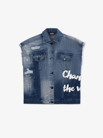 Син джинсов елек с ефект на разрушаване за момичета Gulliver