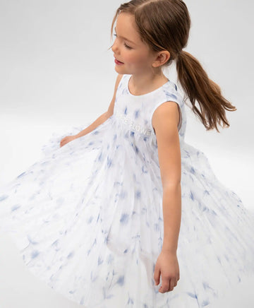 Детска рокля бяла от плисирана мрежа с флорални мотиви на подплата Gulliver