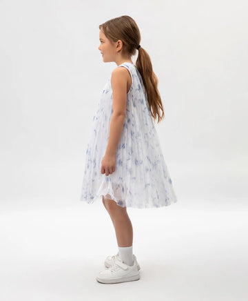 Детска рокля бяла от плисирана мрежа с флорални мотиви на подплата Gulliver