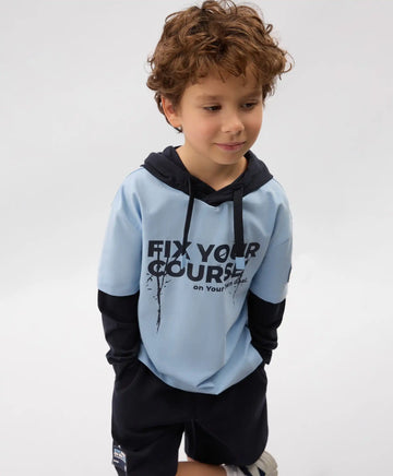 Лонгслив с качулка за момче с имитация на многослойност и принт син Gulliver