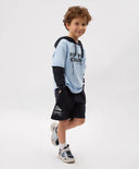 Лонгслив с качулка за момче с имитация на многослойност и принт син Gulliver