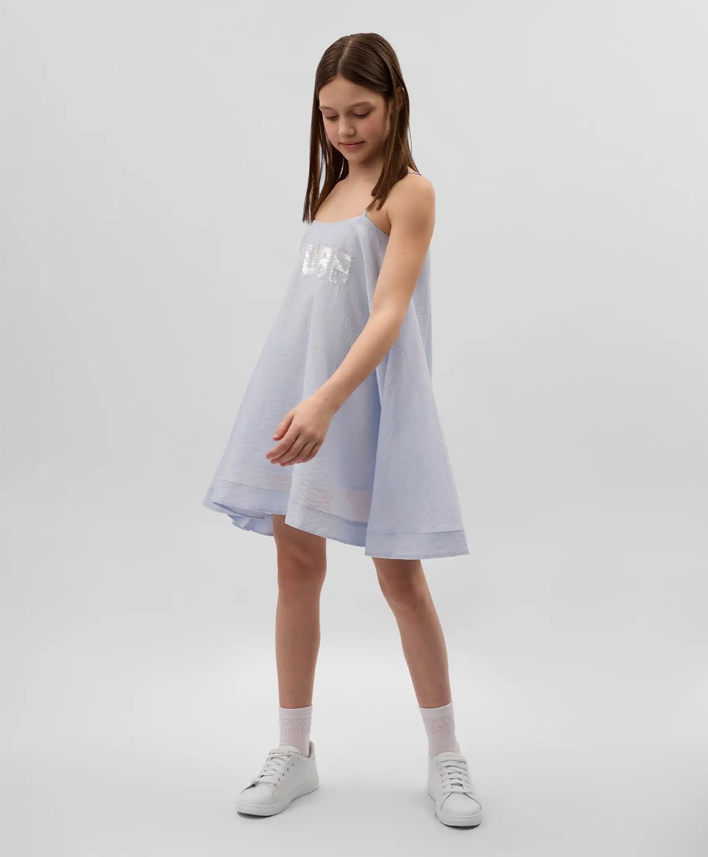 Детски син сарафан с трапецовиден силует от батиста с декорация от пайети - Gulliver