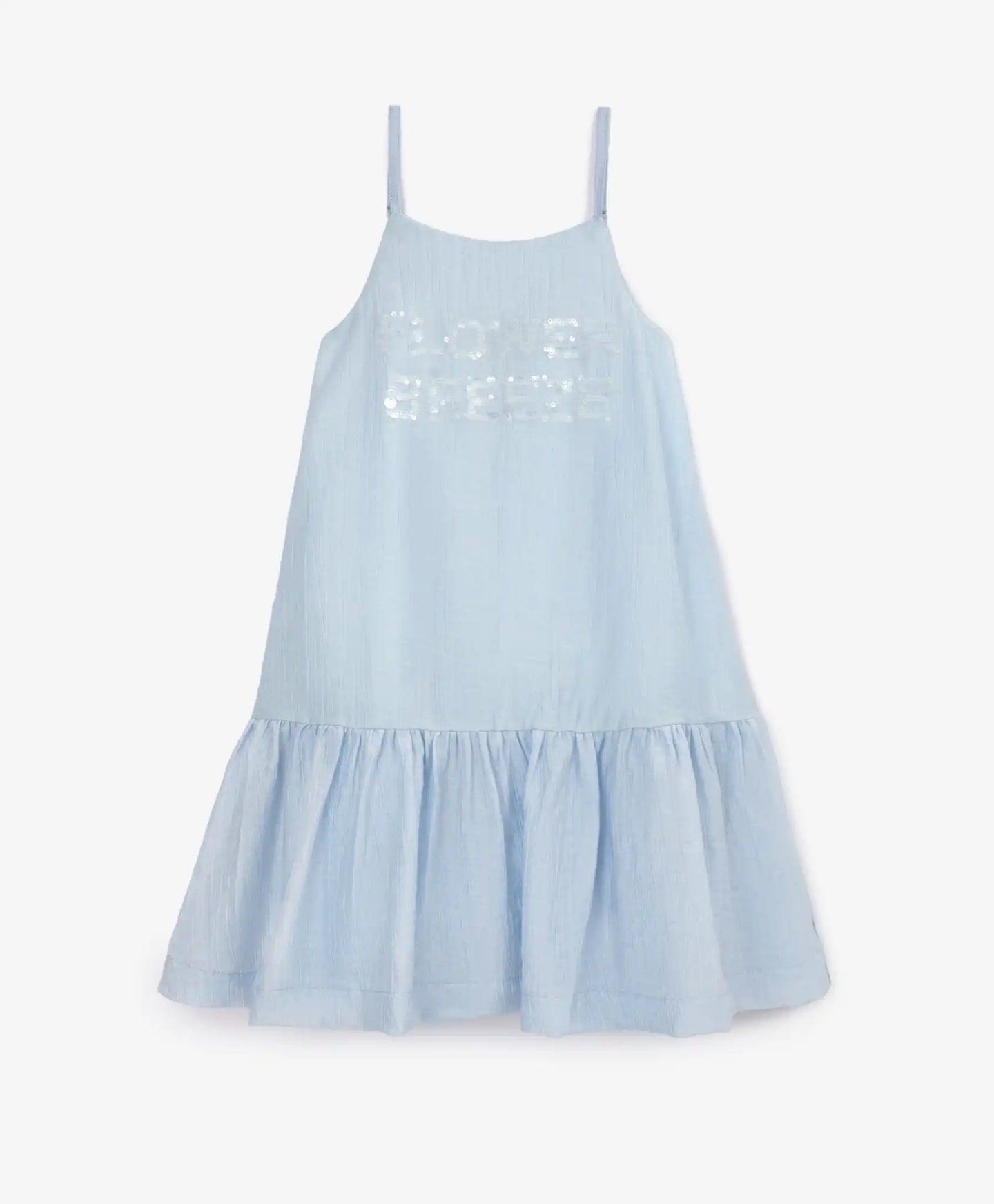 Детски син сарафан с трапецовиден силует от батиста с декорация от пайети - Gulliver