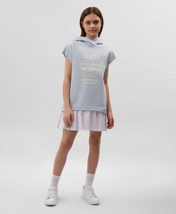 Детска трикотажна рокля с качулка, права свободна кройка, без ръкави, синя Gulliver