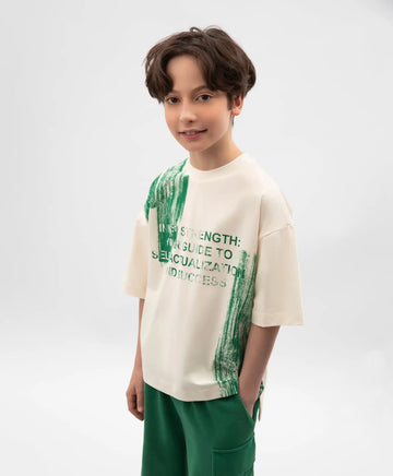 Тениска за момче с принт оверсайз кремава Gulliver