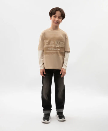 Лонгслив за момче с имитация на многослойност бежов Gulliver