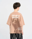 Тениска оверсайз с къс ръкав за момче бежова с принт Button Blue