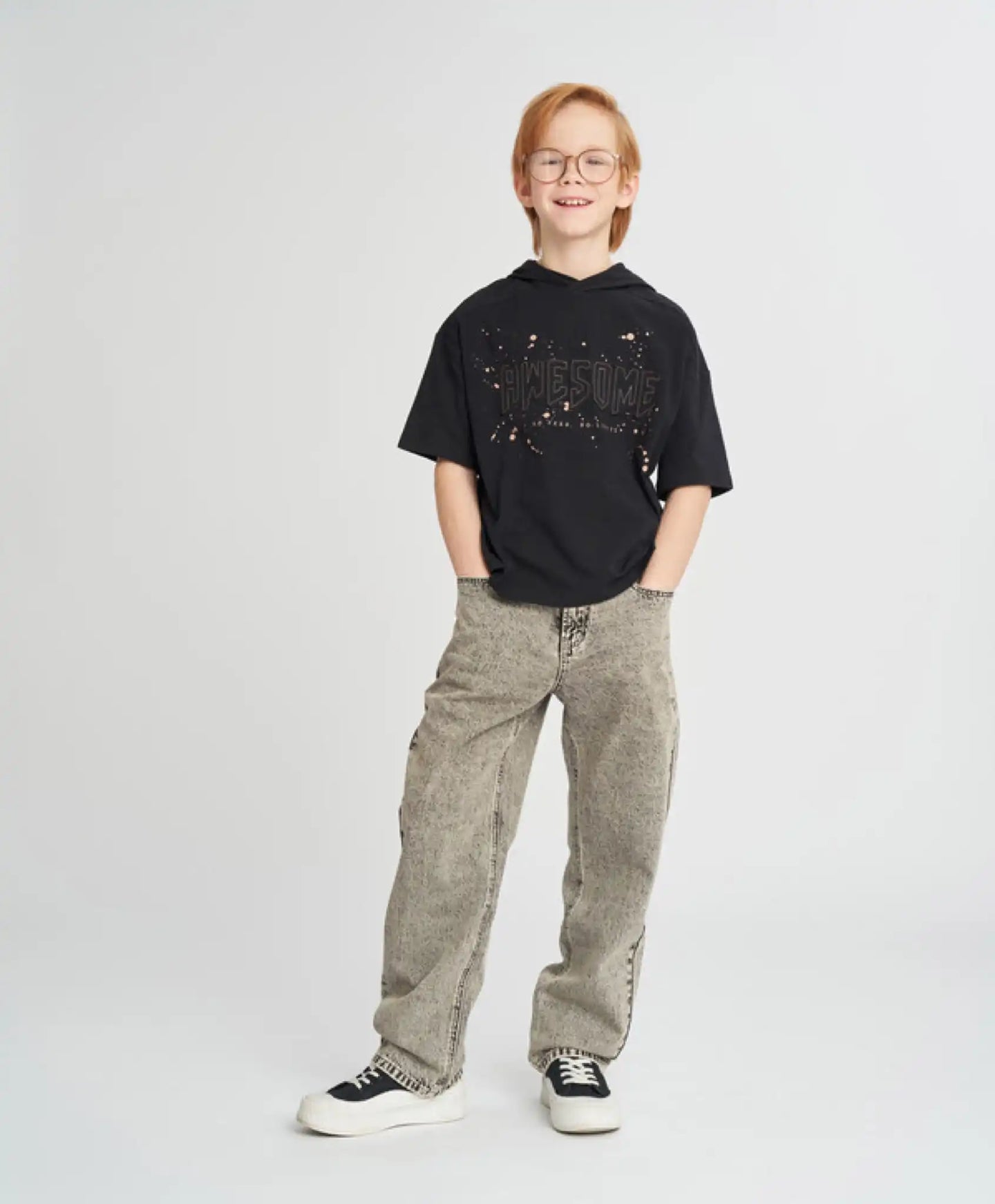 Тениска с къс ръкав детска черна с тай-дай ефект и принт Button Blue