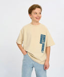 Тениска с къс ръкав за момче млечнобяла оверсайз с принт Button Blue