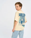 Тениска с къс ръкав за момче млечнобяла оверсайз с принт Button Blue