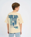 Тениска с къс ръкав за момче млечнобяла оверсайз с принт Button Blue