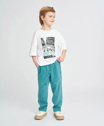 Тениска с къс ръкав за момче бяла оверсайз с принт Button Blue