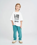 Тениска с къс ръкав за момче бяла оверсайз с принт Button Blue