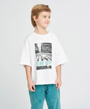 Тениска с къс ръкав за момче бяла оверсайз с принт Button Blue