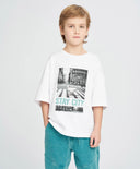 Тениска с къс ръкав за момче бяла оверсайз с принт Button Blue