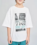 Тениска с къс ръкав за момче бяла оверсайз с принт Button Blue