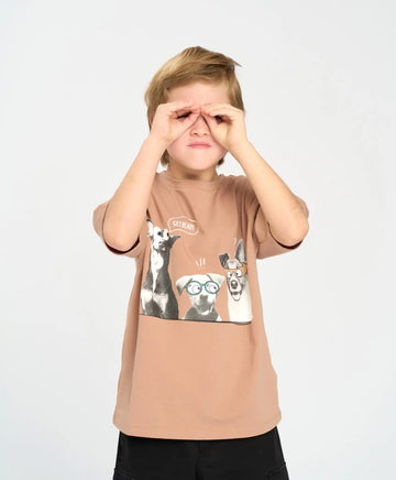 Тениска с къс ръкав за момче оверсайз кафява с принт Button Blue