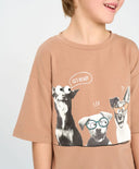 Тениска с къс ръкав за момче оверсайз кафява с принт Button Blue