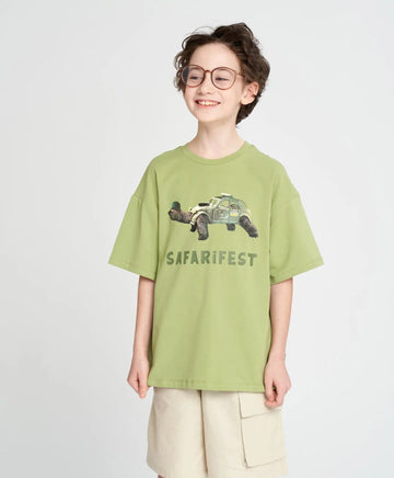 Тениска с къс ръкав за момче оверсайз зелена с принт Button Blue