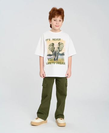 Тениска с къс ръкав за момче оверсайз бяла с принт Button Blue