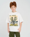 Тениска с къс ръкав за момче оверсайз бяла с принт Button Blue