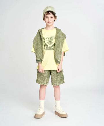 Тениска с къс ръкав за момче оверсайз жълта с принт Button Blue