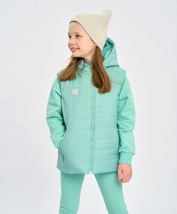 Детски утеплен капитониран елек зелен с качулка Button Blue