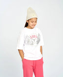 Тениска с къс ръкав за момиче бяла оверсайз с принт Button Blue