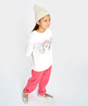 Тениска с къс ръкав за момиче бяла оверсайз с принт Button Blue