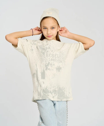 Тениска с къс ръкав за момиче бяла оверсайз с принт Button Blue