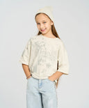 Тениска с къс ръкав за момиче бяла оверсайз с принт Button Blue