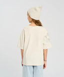 Тениска с къс ръкав за момиче бяла оверсайз с принт Button Blue