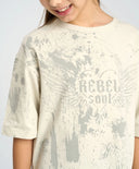 Тениска с къс ръкав за момиче бяла оверсайз с принт Button Blue