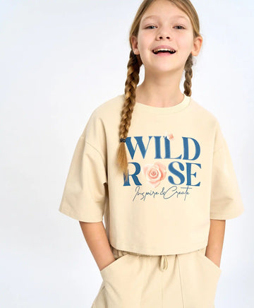 Кроп топ тениска с къс ръкав за момиче млечнобяла с принт Button Blue