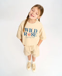 Кроп топ тениска с къс ръкав за момиче млечнобяла с принт Button Blue