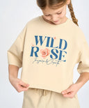 Кроп топ тениска с къс ръкав за момиче млечнобяла с принт Button Blue