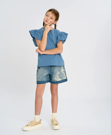 Тениска с ръкави-крилца за момиче синя Button Blue