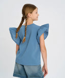 Тениска с ръкави-крилца за момиче синя Button Blue