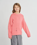 Джемпър за момиче коралов с рван ефект оверсайз Button Blue