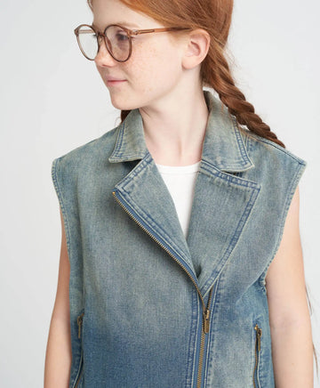 Дънков елек с цип за момиче със синя роза Button Blue