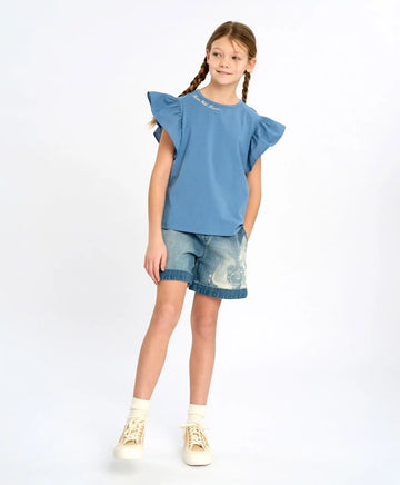 Съкратени дънкови шорти за момиче светлосини с роза Button Blue